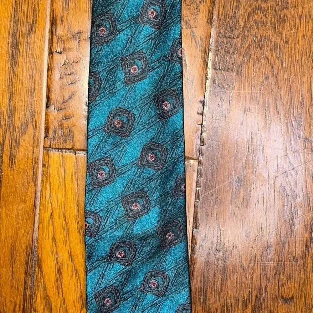 Bachrach Textured 100% Silk Repp Tie Made in USA Geometric Teal Blue & Black